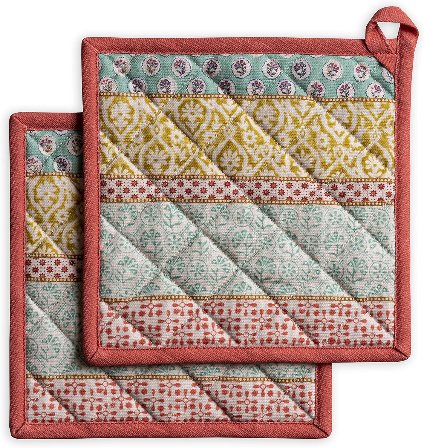 Maison d' Hermine Pot Holders Set 100% Cotton Heat Resistant Potholders 8" x 8" Hot Pads with Loop BBQ, Cooking, Baking, Grilling, Kitchen, Handling Hot Pans Spring/Summer (Pack of 2, Provence)