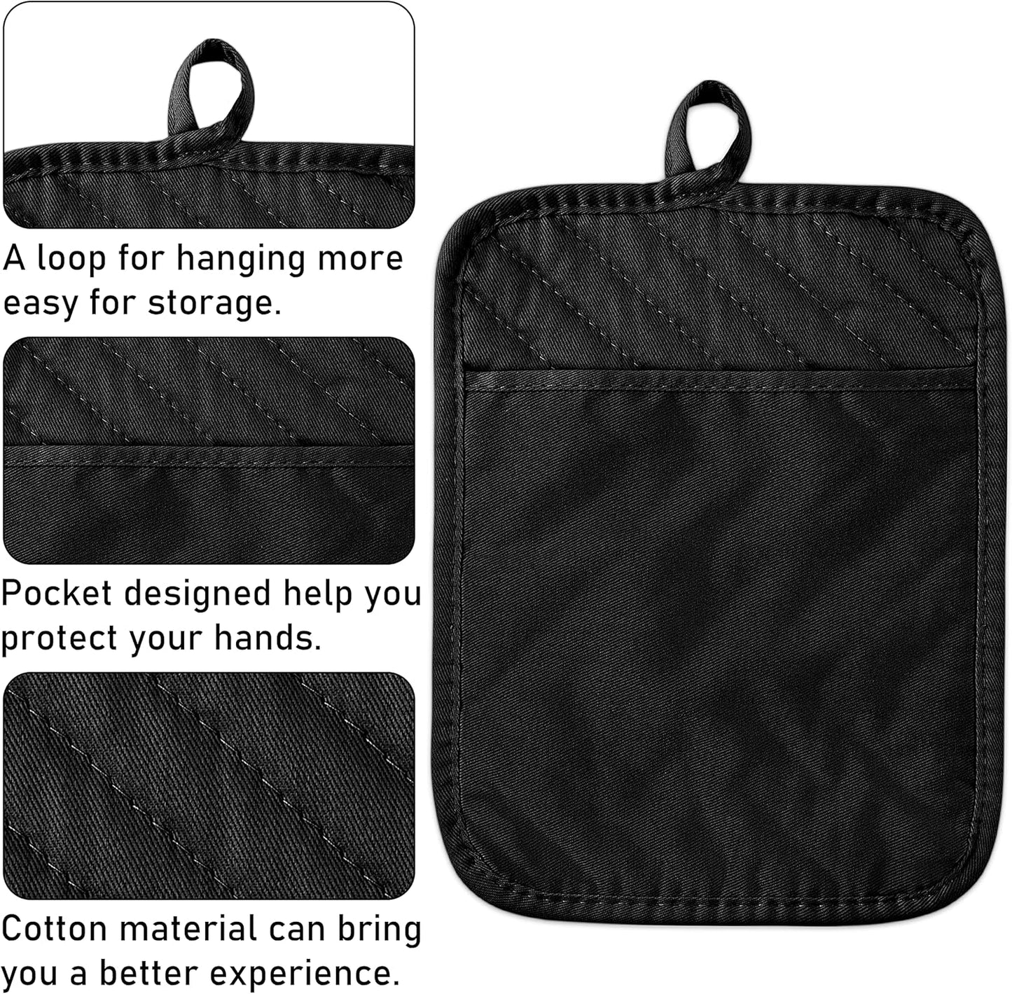 GROBRO7 5Pack Pot Holders for Kitchen Heat Resistant Cotton Potholder Multipurpose Hot Pad Machine Washable Oven Mitts with Pocket Potholders for Baking and Cooking 8.9 x 6.9 in Gray Black