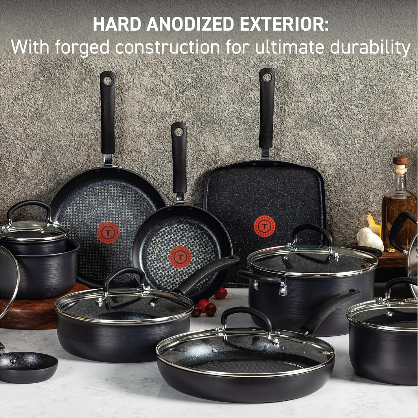T-fal Ultimate Hard Anodized Nonstick Cookware Set 14 Piece, Oven Broiler Safe 400F, Lid Safe 350F, Kitchen Cooking Set w/Fry Pans, Saucepans, Griddle, Dutch Oven, Pots & Pans, Dishwasher Safe, Black