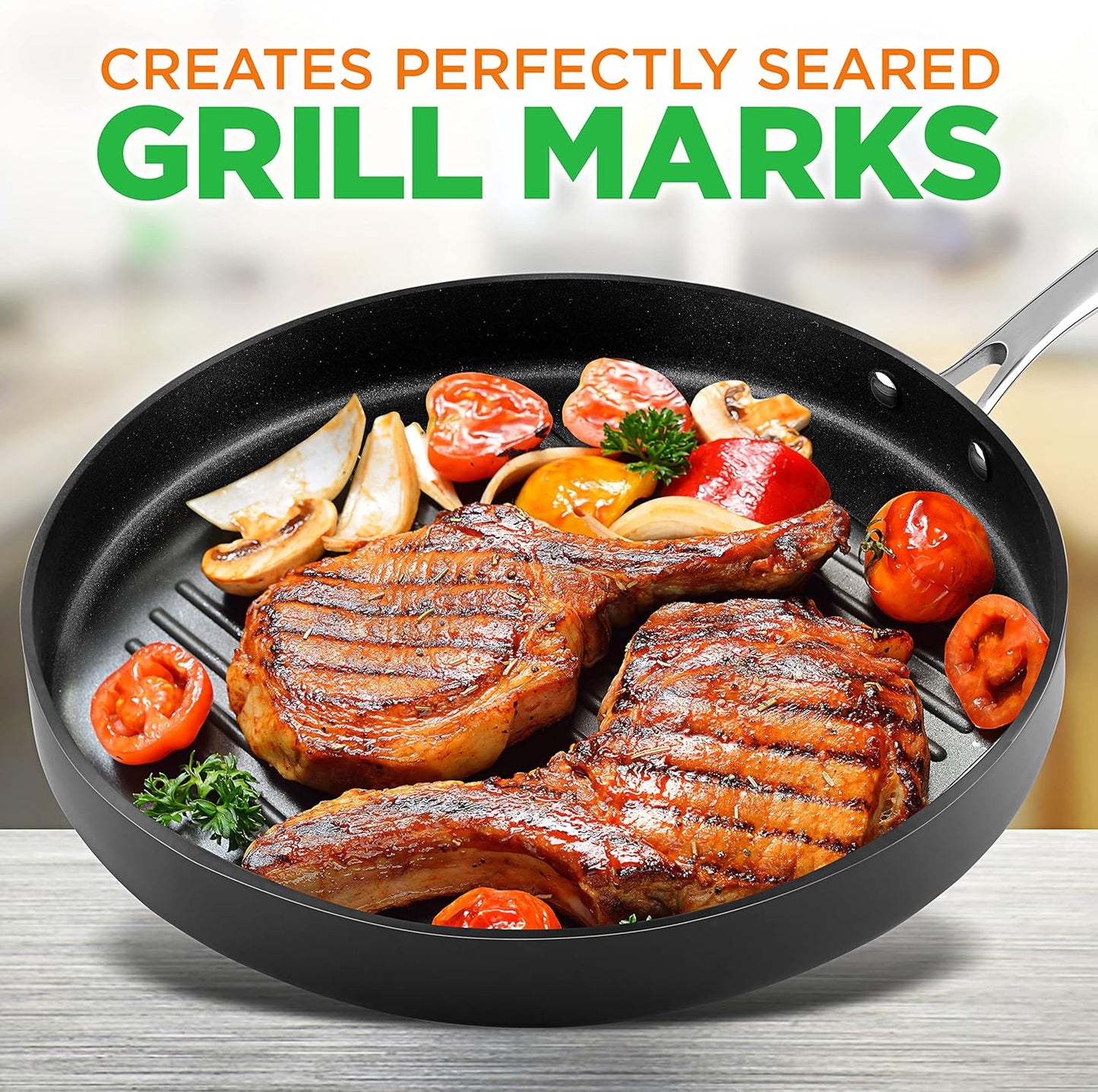 NutriChef Anodized Non-Stick Grill - Dishwasher Safe Nonstick Grill Pan Heavy Gauge Aluminum Body with Hard Anodized Surface for Even Heating, Max Temperature: 500° Fahrenheit (260° Celsius)