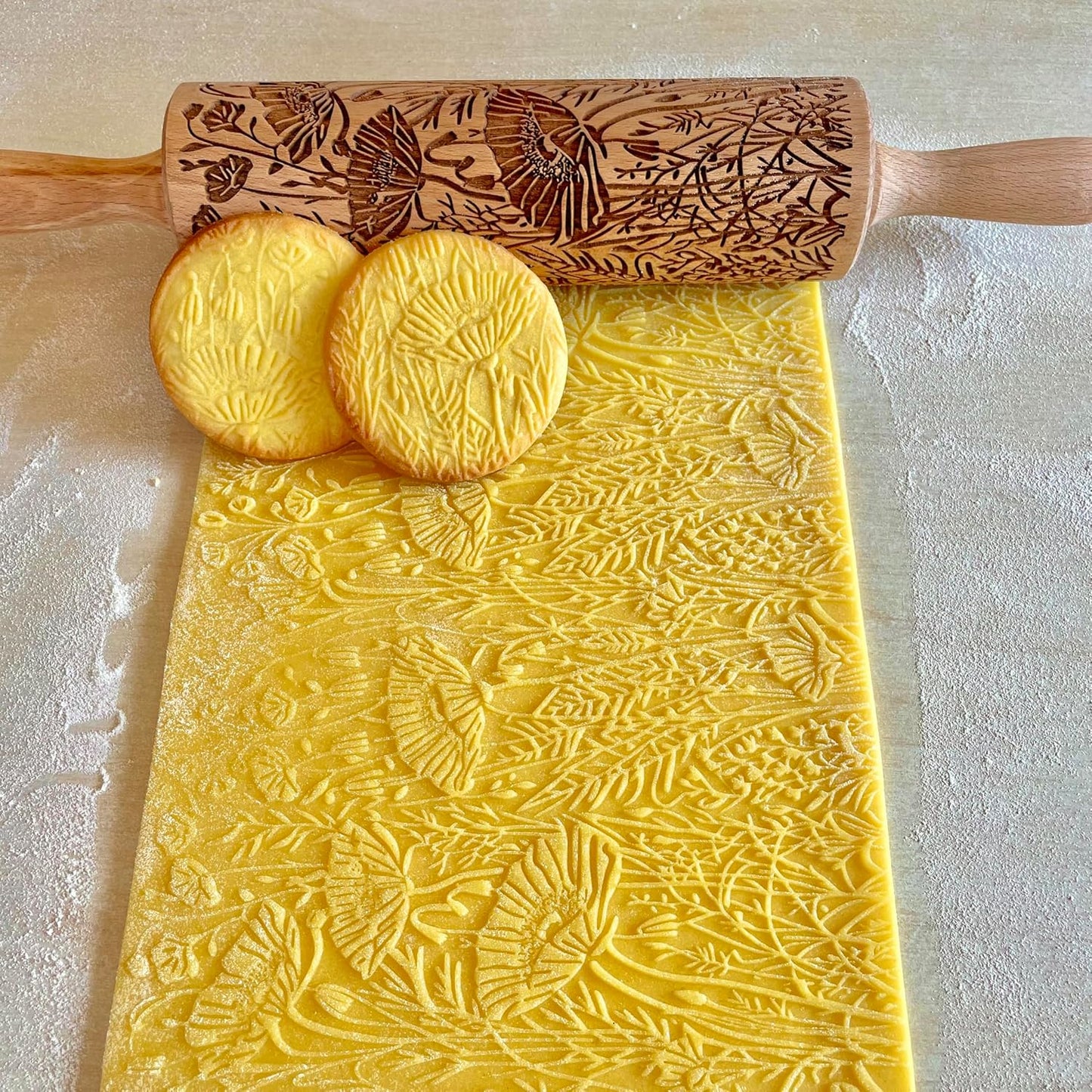 WILD POPPY Embossing Rolling Pin with Flowers Pattern. Dough and Clay Roller for Embossed Cookies and Pottery. Cookie and Ceramic Stamp. Backing Gifts for Women by Algis Crafts