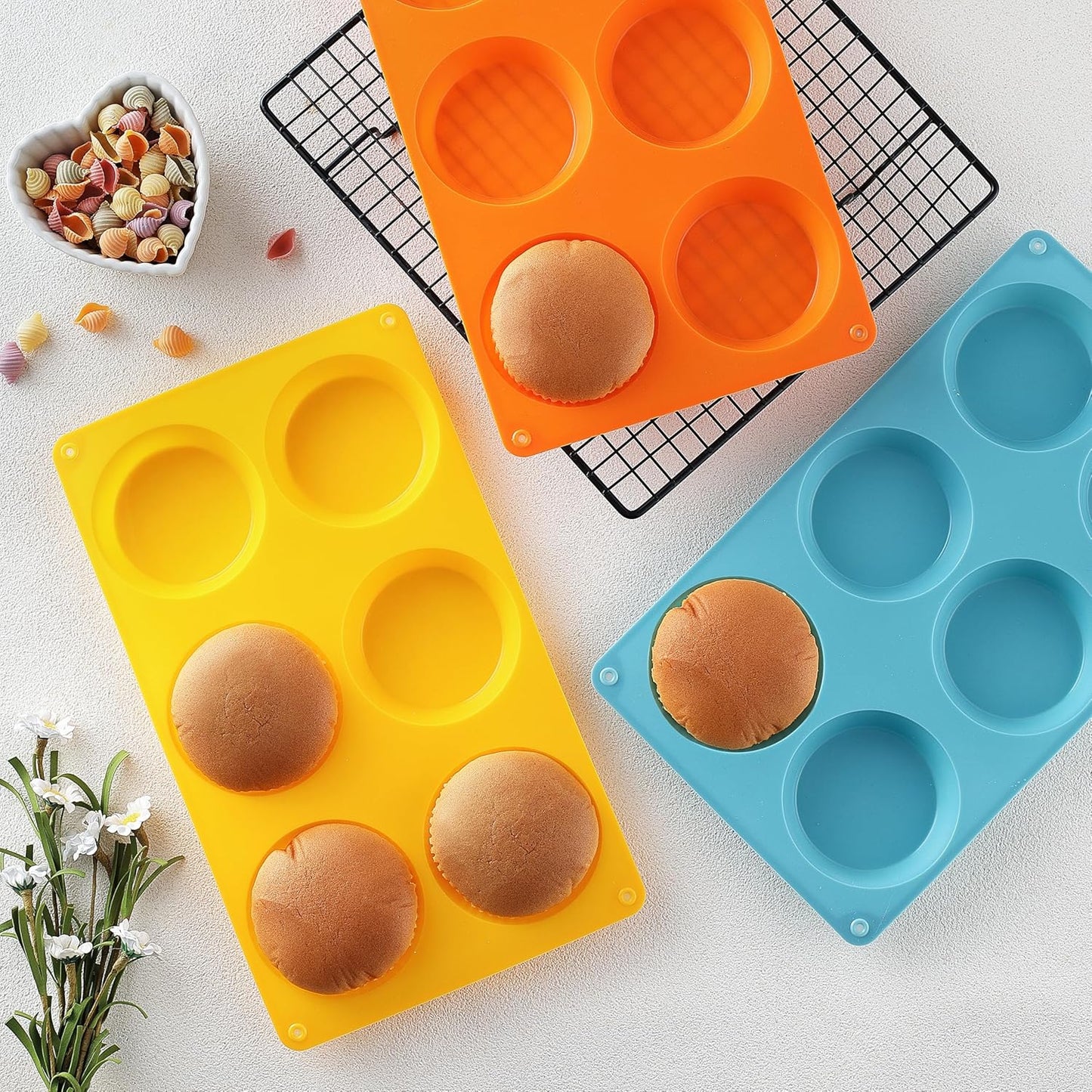 Muffin Top Pan, Silicone Egg Mold for Breakfast Sandwiches, Non-Stick 3" Round Egg Molds for Muffin Top, Whoopie Pies, Corn Bread, Tarts (Set of 3)