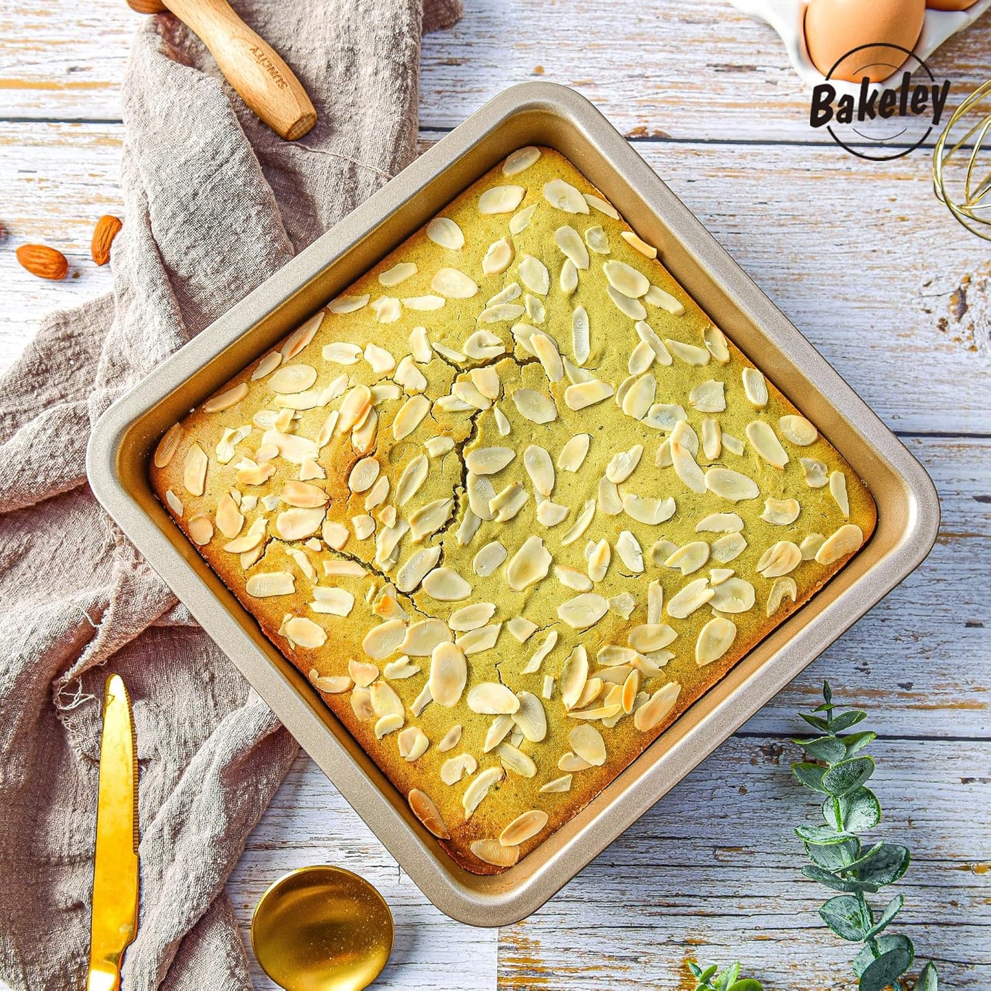 8 inch square cake pan (Set of 2), 8 inch square baking pan, 8 in square pan, Non-stick carbon steel, 8'' Brownie Pan and Loaf Pan (Champagne Gold)